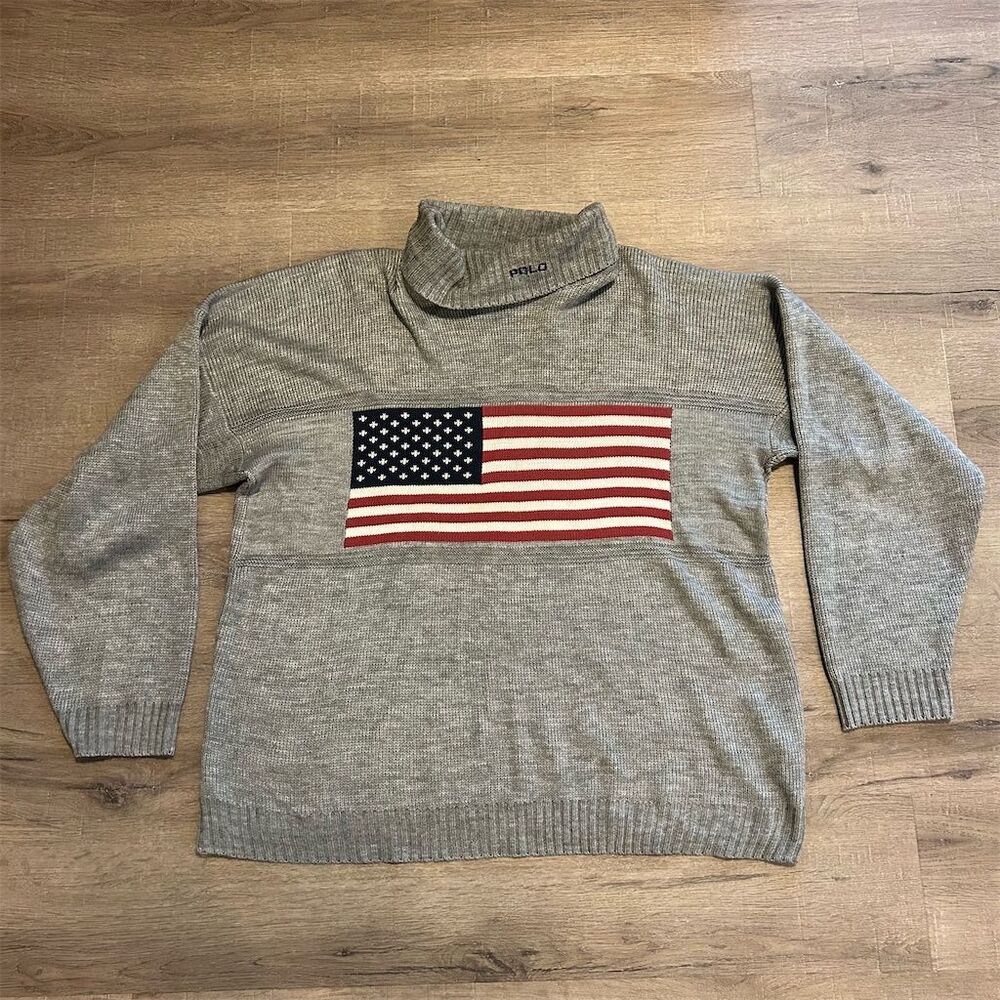 Ralph Lauren Men's Vintage Gray Turtleneck Sweater L American Flag Print 1990’s